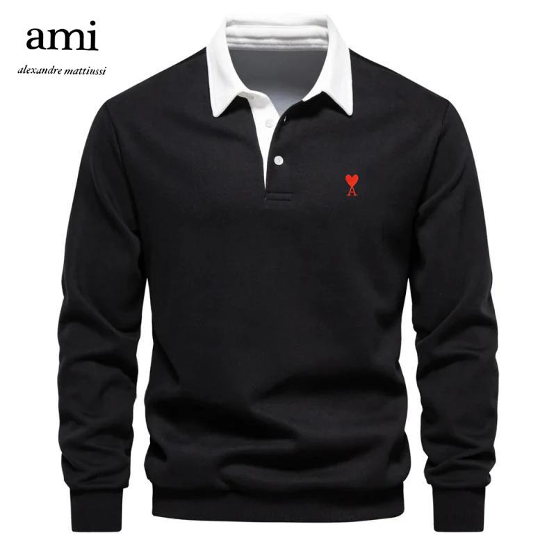 

Вишита чоловіча футболка поло з довгим рукавом з чистої бавовни AMI 2025 для осені та зими S