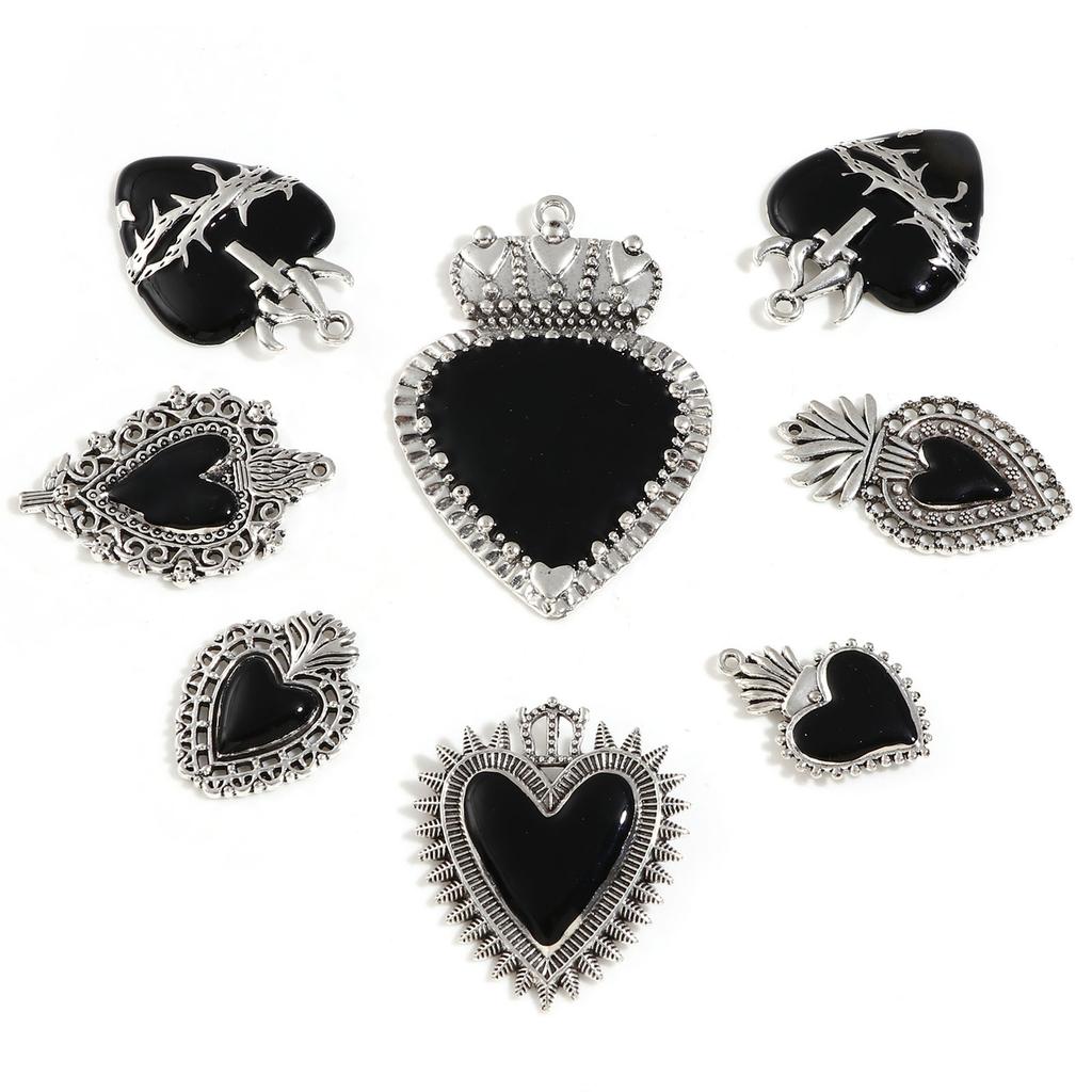 2-5 Stück Black Series Herz-Anhänger Für Schmuckherstellung Religiös Mexiko Voto Herz Emaille-Anhänger Halskette Armband DIY Zubehör