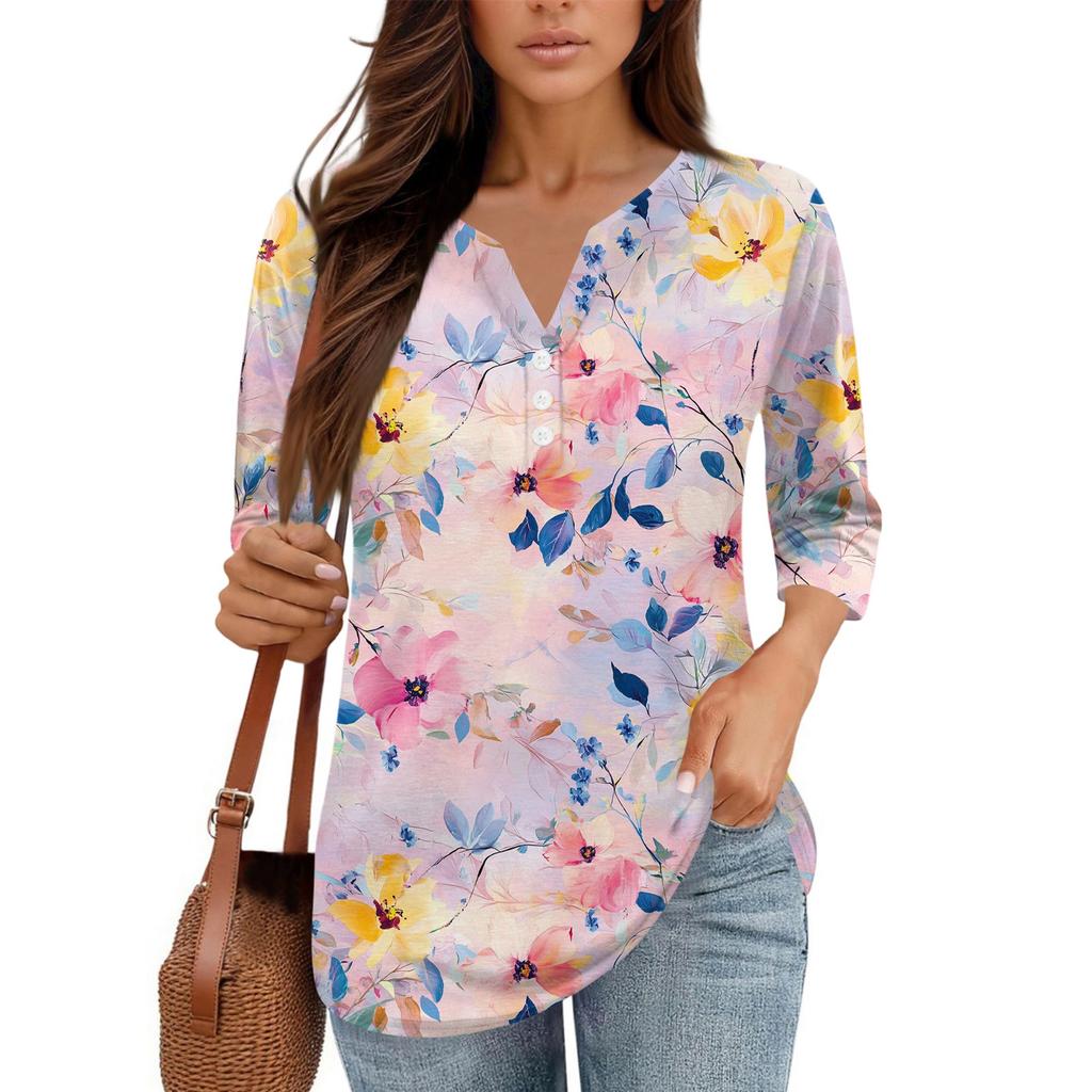 Damen V-Ausschnitt Freizeit Dreiviertelarm Knopf-Detail Top mit Blumenmuster