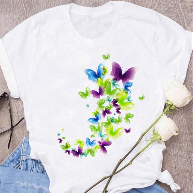 New Butterfly Print T Shirt Women T Shirt Summer Fashion Female Tops Ladies Short Sleeve Graphic Tee Shirts Woman Cute T-Shirts