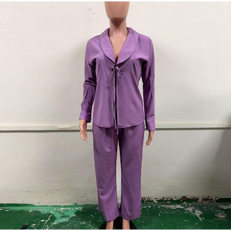 

Повседневный деловой костюм с длинными рукавами, элегантный женский топ со шнуровкой и брюками, комплект из двух предметов, весна-лето 2025 года, атласный комплект для улицы 2XL фиолетовый