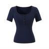 V-neck button-down short-sleeved T-shirt women's summer new American Spice Girl solid color slim-fit elastic crew neck bottoming top