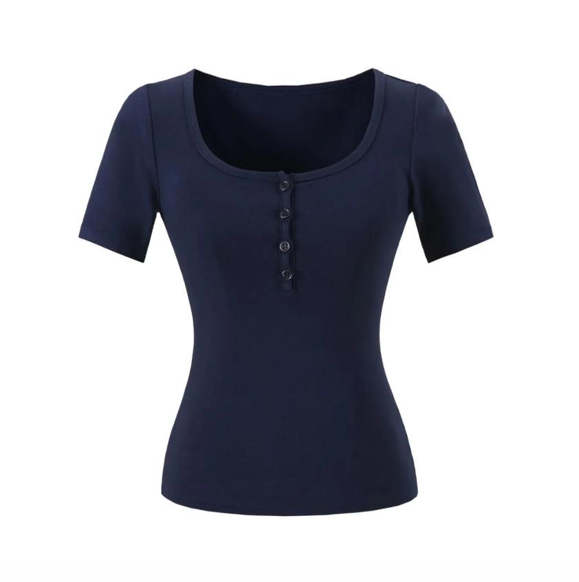 V-neck button-down short-sleeved T-shirt women's summer new American Spice Girl solid color slim-fit elastic crew neck bottoming top