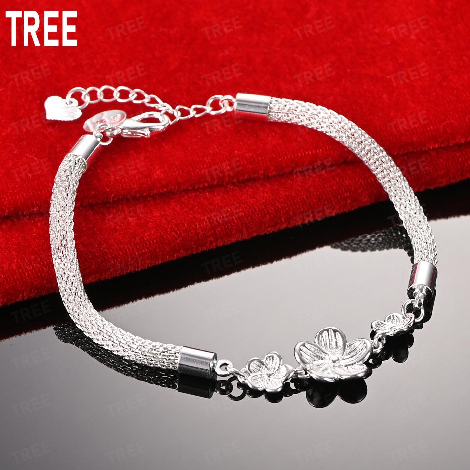 925 Sterling Silver Flower Side Chain Exquisite Bracelet Gift Jewelry 20CM