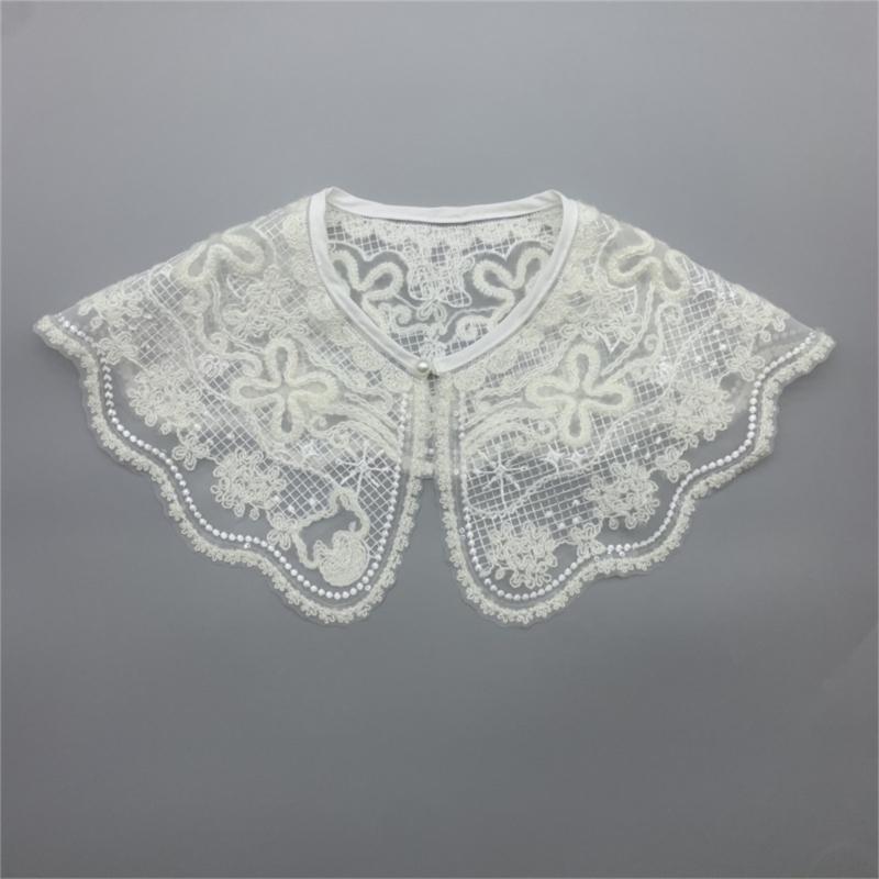 Fashion Detachable Fake Collar Faux Pearl Button Shawl Wrap Women Embroidery Floral Sequins Necklace Lightweight Capelet