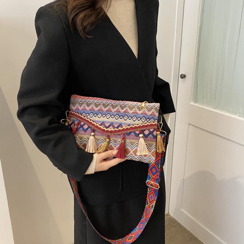 1Pc Ethnic Style Weave Crossbody Bags Tassel Waist Bag Retro Canvas Shoulder Packs Handbag
