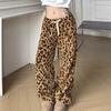 Women's Drawstring Tie Loose Personalised Leopard Print Plush Casual Elastic Low Waist Skinny Niche Straight Leg Pants