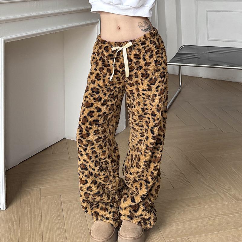 Women's Drawstring Tie Loose Personalised Leopard Print Plush Casual Elastic Low Waist Skinny Niche Straight Leg Pants