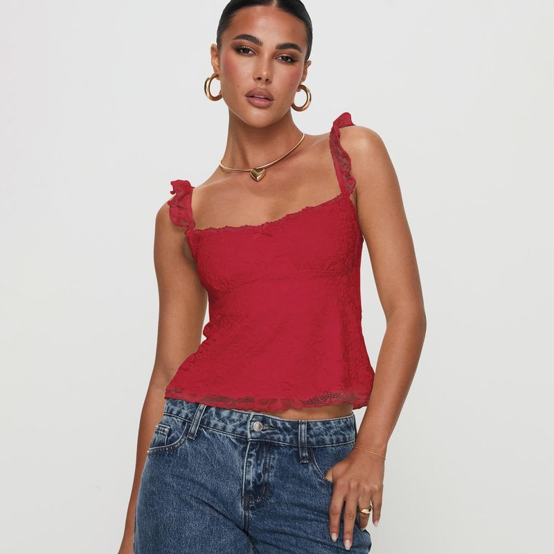 

Lace Patchwork Solid Color Suspender Lace Stitching Sexy Solid Sling E25B1158-004# Red M