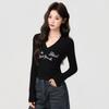 Black V-neck Letter-printed Long-sleeved T-shirt, New Autumn and Winter Bottoming Shirt, Slim-fitting and Thin Top Inside, Women