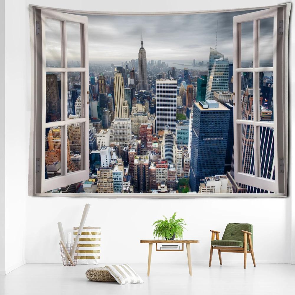 Urban Imitation Window Scenery Tapestry Wall Hanging Art Architecture Minimalist Hippie Tapiz Minimalist Living Room Home Decor