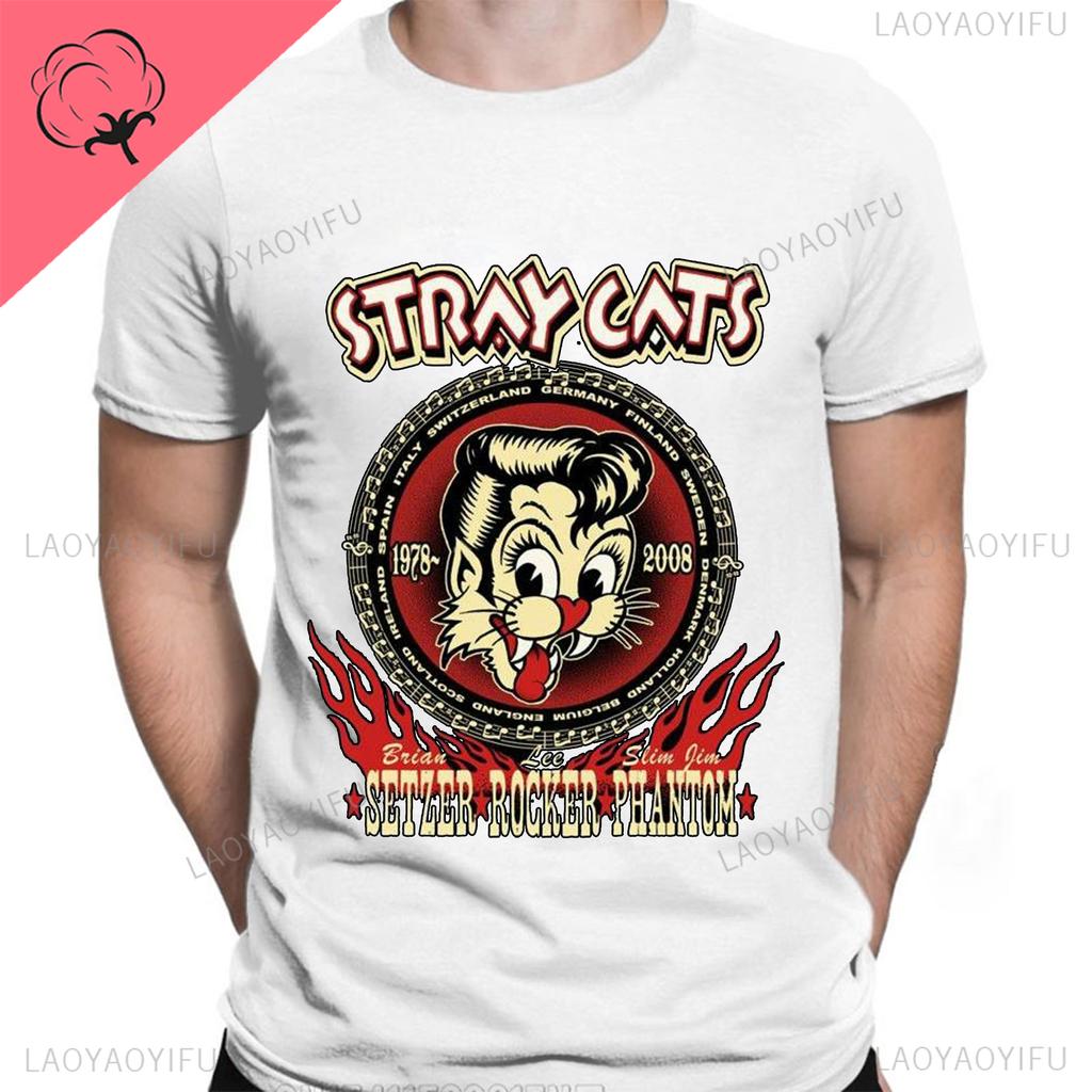 Stray Cats Rock Klassiska T-shirts Amerikanskt Rockabillyband Fan Hipster Streetwear Mode Andningsbar Pojke Flicka Män Kvinnor Bomulls T-shirt