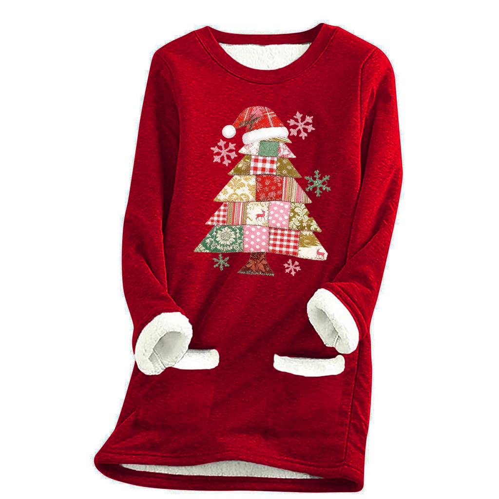 Damska luźna i wygodna bluzka z okrągłym dekoltem i nadrukiem świątecznym, z kieszeniami i długim rękawem