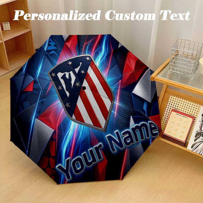 8 Rib Auto Folding Umbrella Atletico Madrid Print Custom Name Text Portable Rain Gear