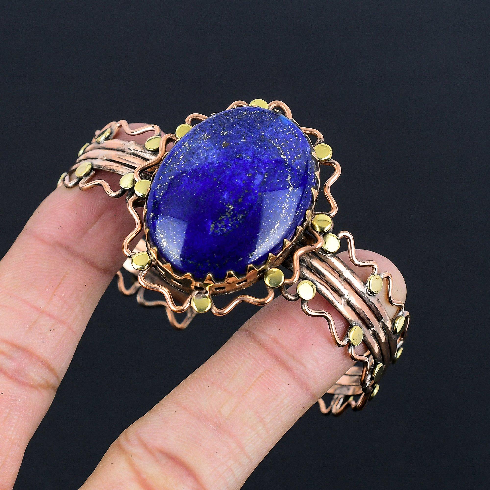 

Браслет из лазурита, Ювелирное изделие ручной работы, Браслет, обмотанный медной проволокой 999 пробы, Дизайнерский браслет с драгоценным камнем, Подарок для мамы