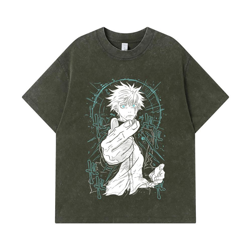 

275 GSM Washed T-shirts 100% Cotton Jujutsu Kaisen V2 Gojo Print Unisex Heavy Cotton T Shirt S армия зеленый
