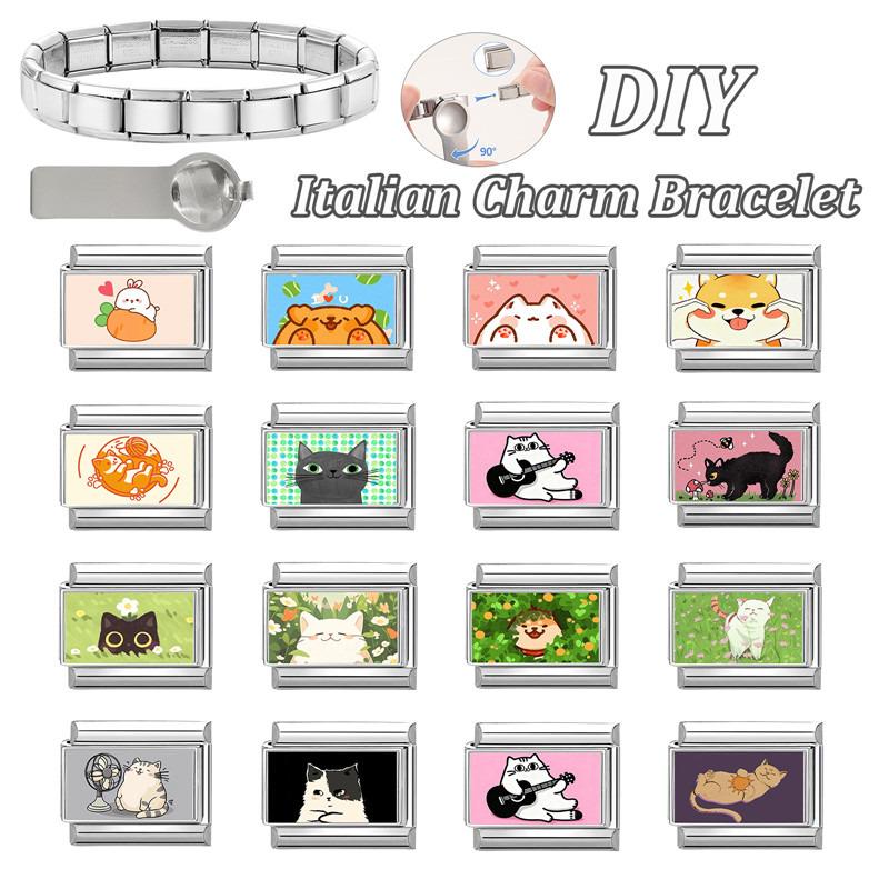 Y2K Cartoon Cat Dog Flower Love Rabbit Guitar Italian Charm Links Fit 9mm Stainless Steel Bracelet Women Men DIY Making Gift