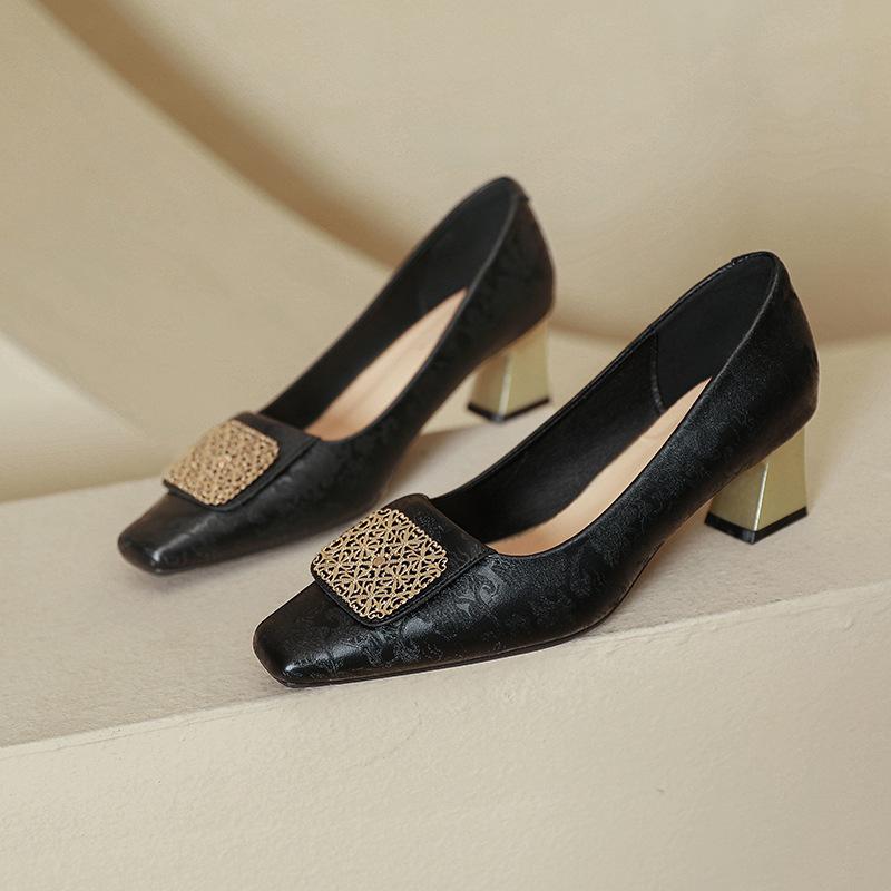 Not tired feet high heels thick heel 2025 new Huizhou women's shoes spring and autumn French square head women's shoes with heel single shoes