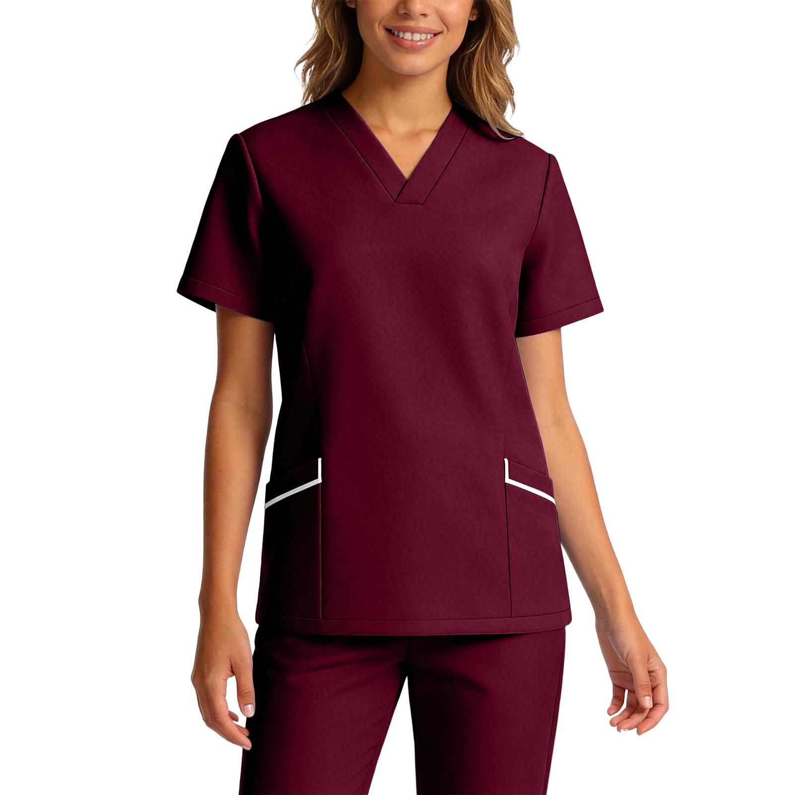

Women s Elastic Quick-Drying V-Neck Pocket Short-Sleeve Caregiver Work Uniform M винный