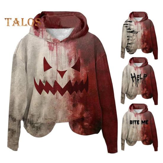 Women Hoodie 3D Bloodstain Print Halloween Vintage Haunted House Cosplay Top Hooded Long Sleeves Loose Hoodie
