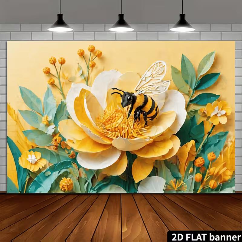 2D Spring Bee Flower Backdrop, Paper Art Style Bee On Yellow Bloom Photo Background
