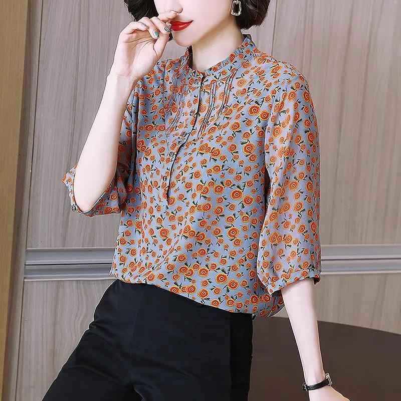 

Women s Floral Print Stand Collar Blouse 3/4 Sleeve Casual Chiffon Top L помаранчевий