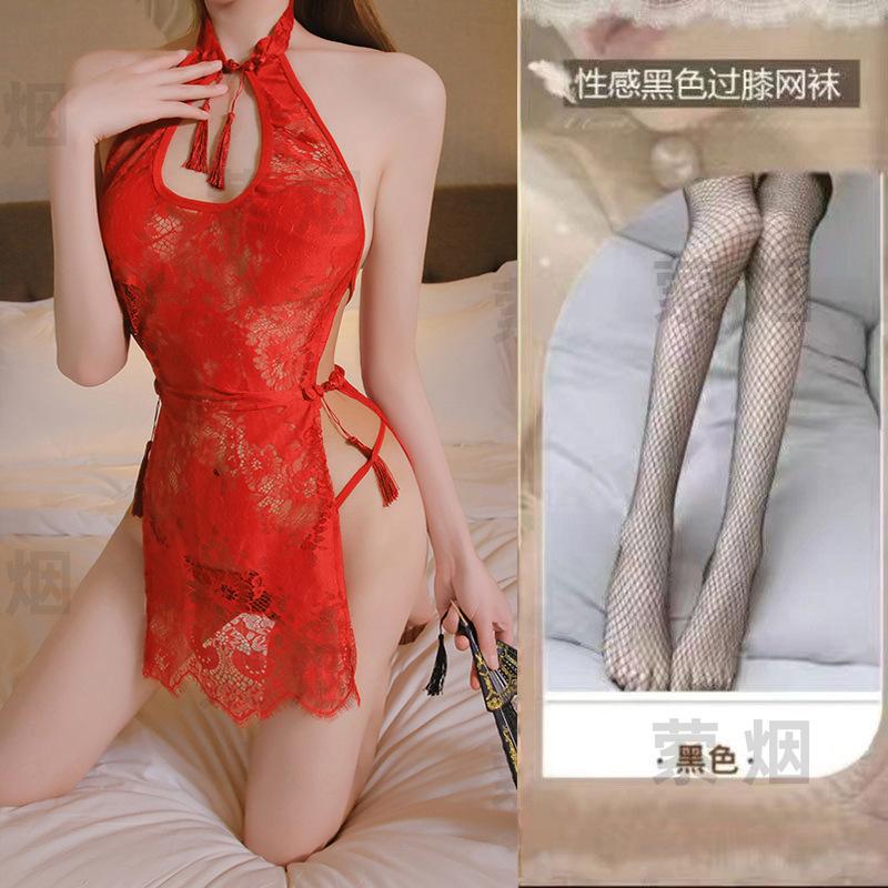 Sexy lingerie cheongsam hot slim uniform seduction flirting bed passion midnight backless jacquard nightdress