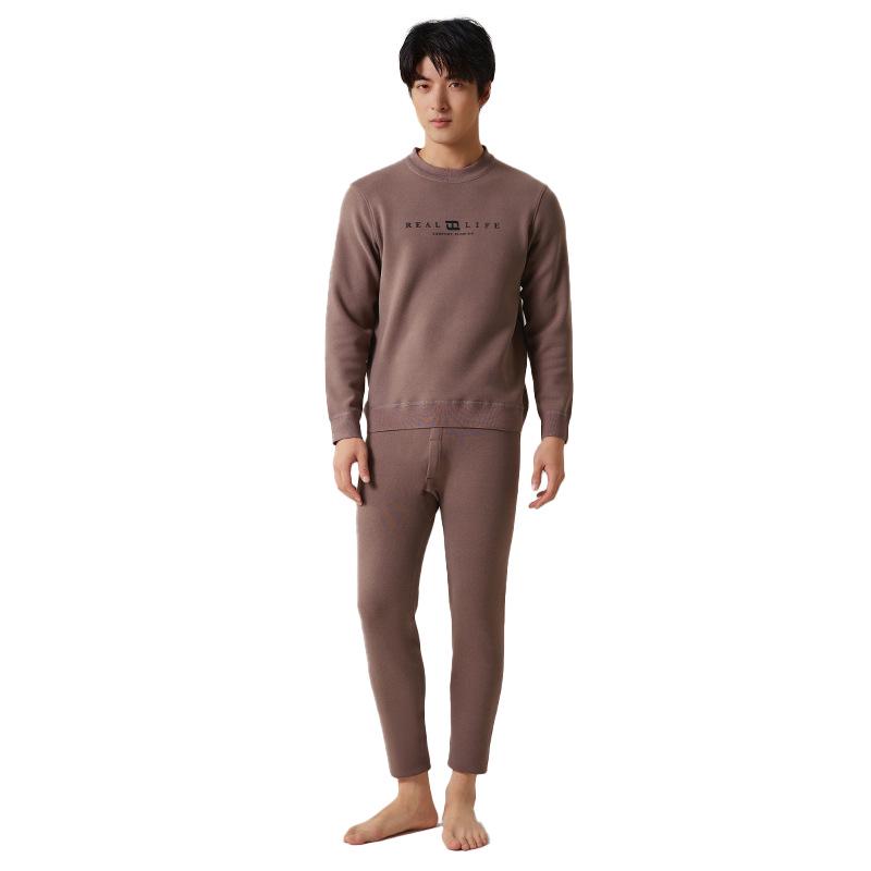 Men's Teen Fleece-Lined Thermal Set: Extra Thick Crew Neck Top & Trousers for Autumn/Winter Wear.
