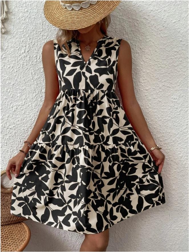 2026 new floral dress, French v-neck sleeveless waist skirt S чёрный