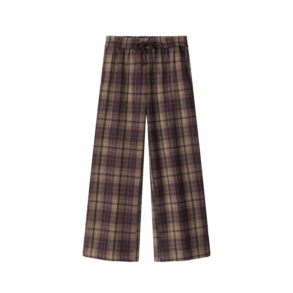 

HeyHenry Women s Retro Plaid Woolen Pants - Autumn/Winter Korean Style Wide-Leg Straight Casual Trousers S темный кофе