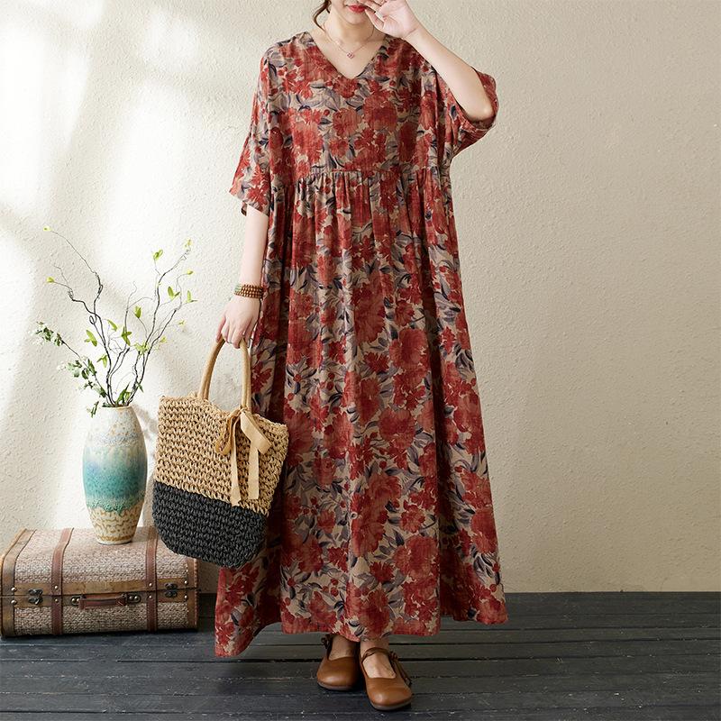 

Летнее повседневное свободное платье большого размера для женщин из хлопка и льна One size бордовый