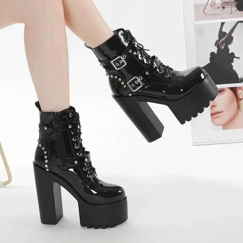 Fashion 14CM Women Chunky Ankle Boots Leather cosplay Round Toe Platform Knight Boots Shoes High Heels Black White Thick Heel Lace Up