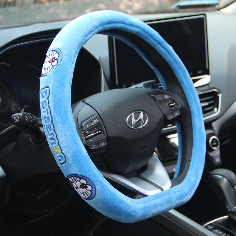 New Doraemon Cute Plush Headrest Car 2-In-1 Pillow By Car Waist Neck Pillow Steering Wheel Cover Decoration Accessories Gift