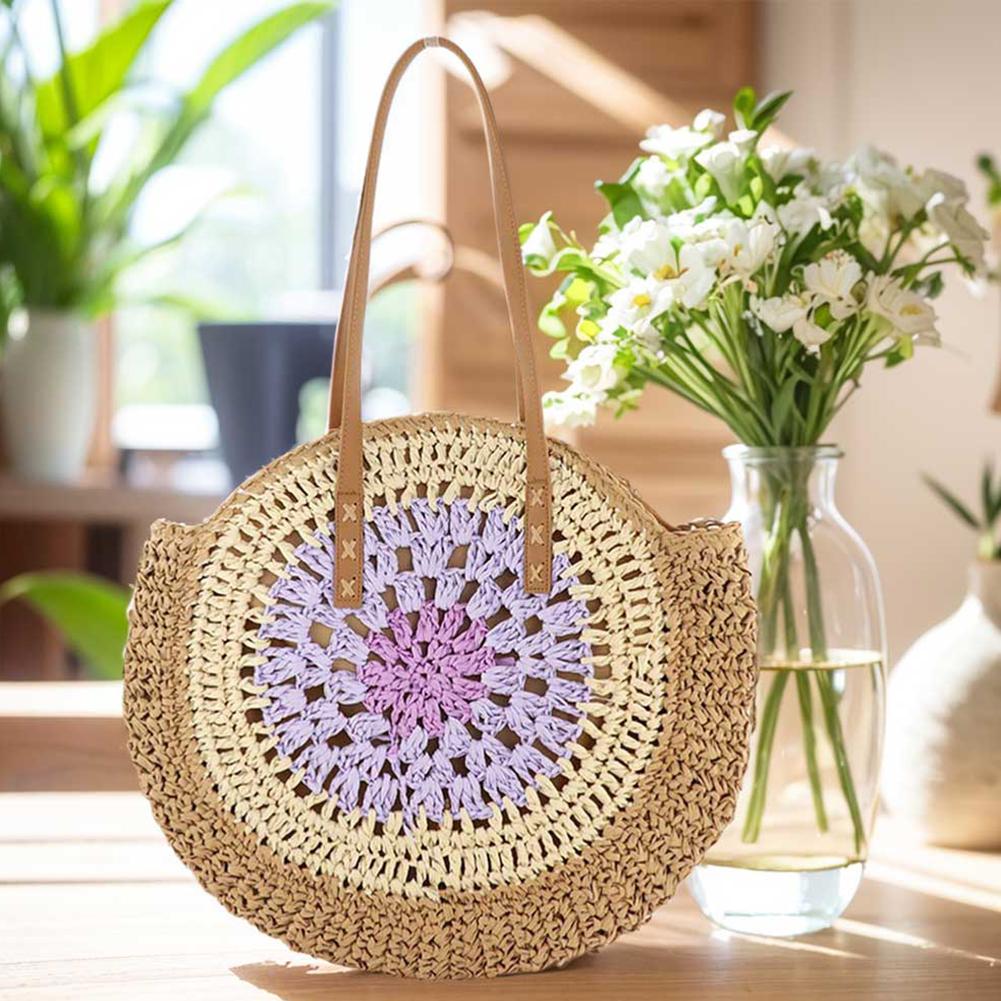 Round Beach Shoulder Bag with Zipper Closure Vacation Bag with Color Collision Trendy Holiday Travel Handbag for Women and Girls
