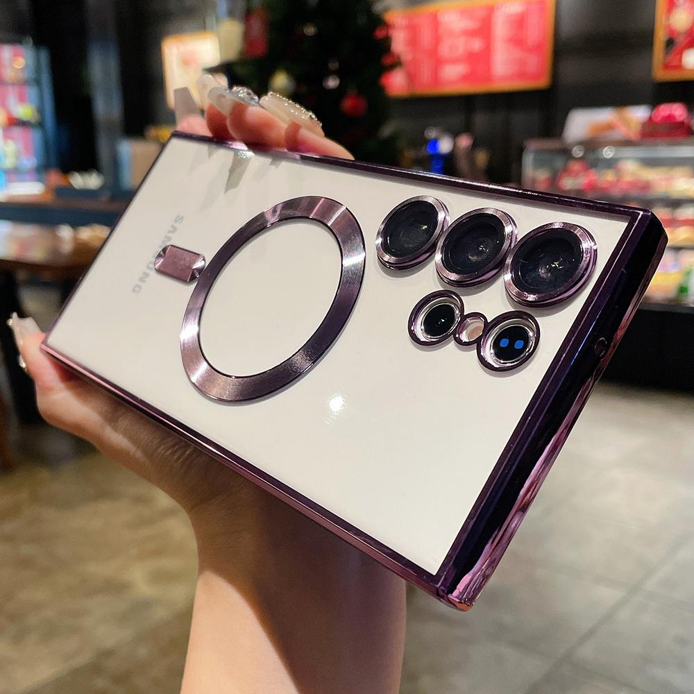 Plating Magnetic Transparent Case For Samsung S25 S24 Ultra S23 Plus S22 S21 FE Note 20 Wireless Charge Lens Protection Cover