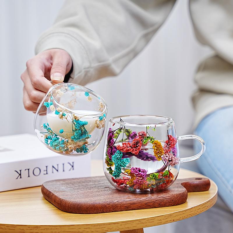 Dried Flower Hot Coffee Cups for Hot Drinks Tea 250ml Cofee Cup Borosilicate Glass Vasos Para Cafe Office Beverage Mug