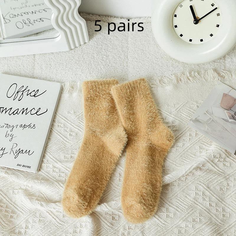 5 Pairs Winter Mink Velvet Socks Women White Black Warm Plush Home Sleeping Sock Soft Thicken Thermal Fluffy Middle Tube Socks