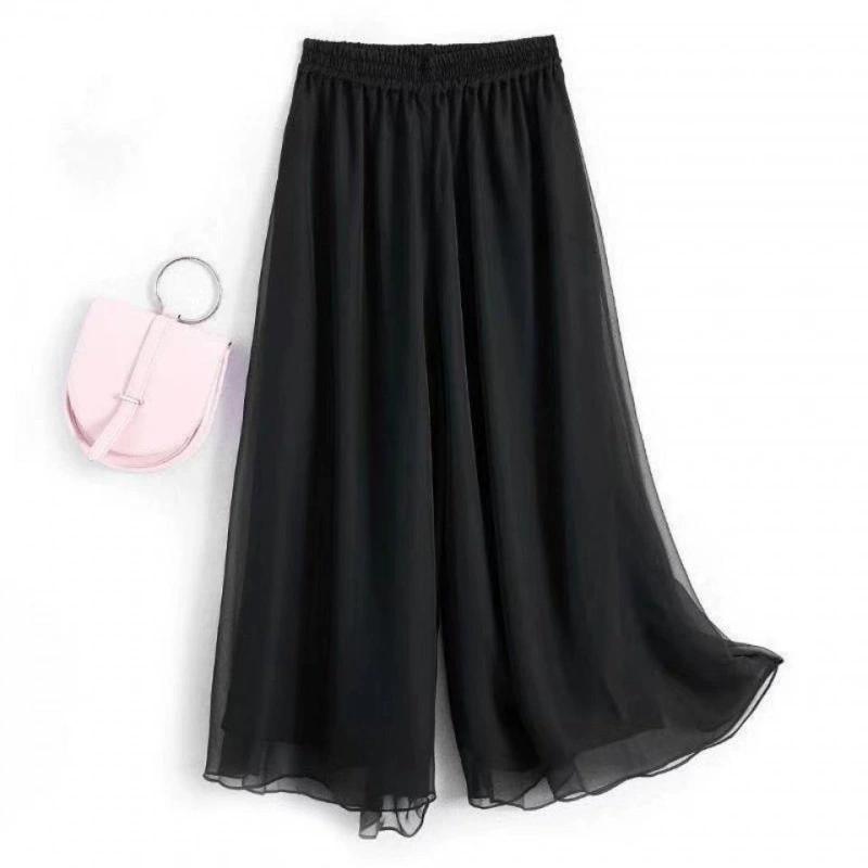 Women's Spring and Summer Thin Section Wide Legged Slim High-waisted Nine Points Pure Colour Loose Thin Chiffon Dance Trousers