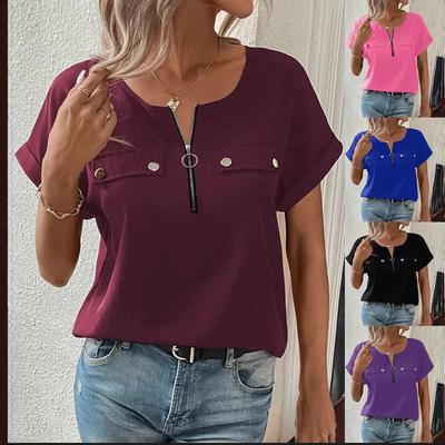 Women's Short Sleeve Zip Up Blouse Casual Loose Fit Tunic Tops With Pocket For Spring