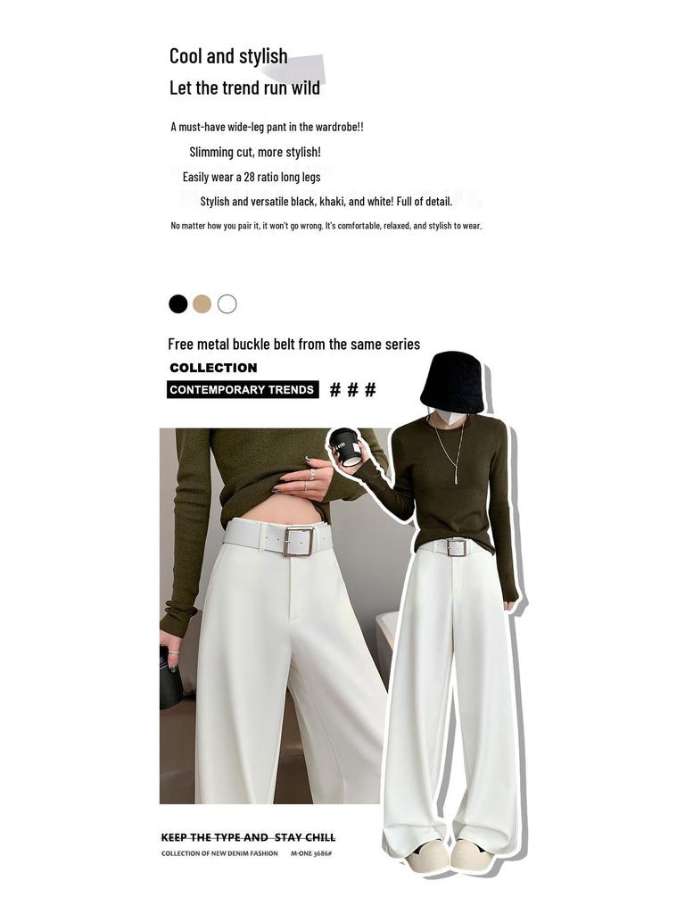 Women's Retro Minimalist Wide-Leg Khaki Suit Pants with Old Money Style Leather Belt