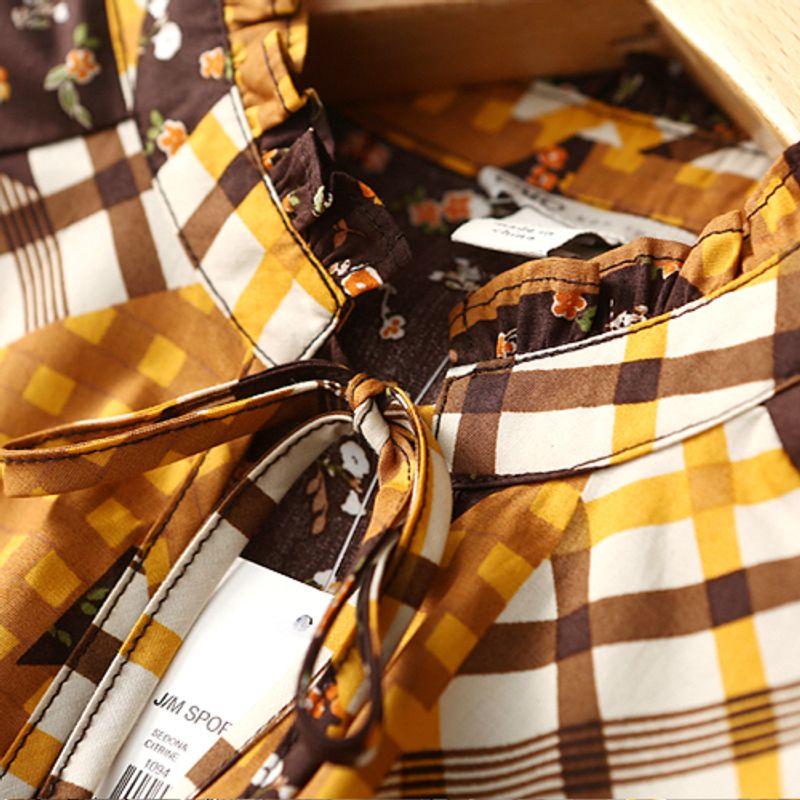 Foreign Trade Export Retro Art Graceful Age-Reducing Floral Plaid Patchwork Lace-up Frill Pure Cotton Shirts Women