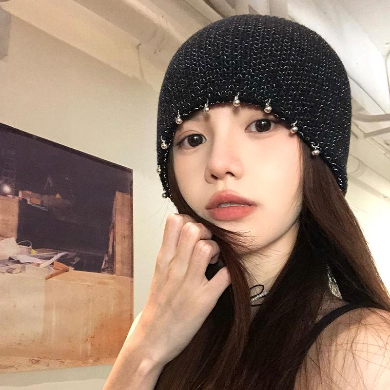 Ins Spicy Girl Sequin Pile Hat Hat Women's Versatile Fashion Handmade Knitted Hollow Out Face Display Cold Hat with Head Cover