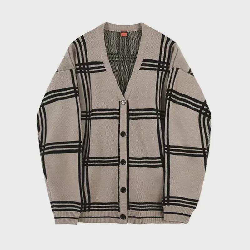 Men's Trendy Korean Plaid Cardigan Sweater Jacket - Spring/Autumn Style