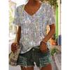 T-shirt da donna retrò casual nera moda scollo a V pullover manica corta stampata larga top quotidiano