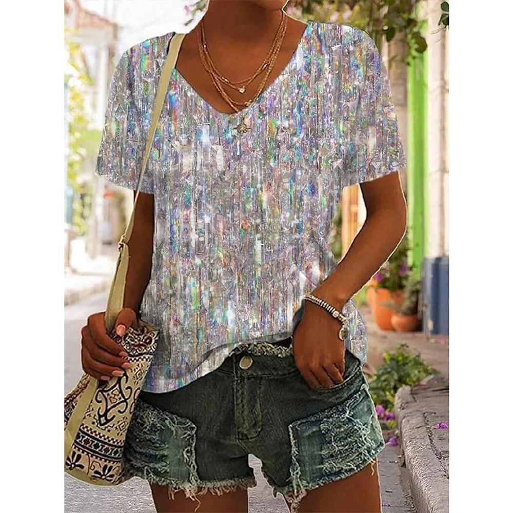 T-shirt da donna retrò casual nera moda scollo a V pullover manica corta stampata larga top quotidiano