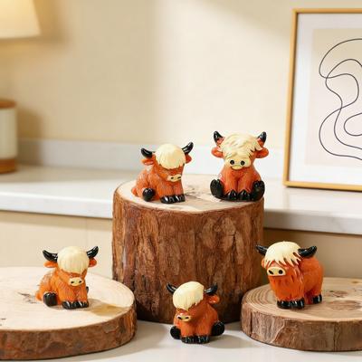 Mini Highland Cow Figurines Handmade Resin Miniature Cow Statue Cute Farm Animal Sculpture for Home Garden Office Desk Decor DIY Micro Landscape