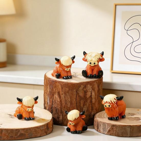 Mini-Hochlandrinder-Figuren Handgefertigte Harz-Miniatur-Rinderstatue Niedliche Bauernhoftier-Skulptur für Haus, Garten, Büro, Schreibtisch Dekor DIY Mikro-Landschaft