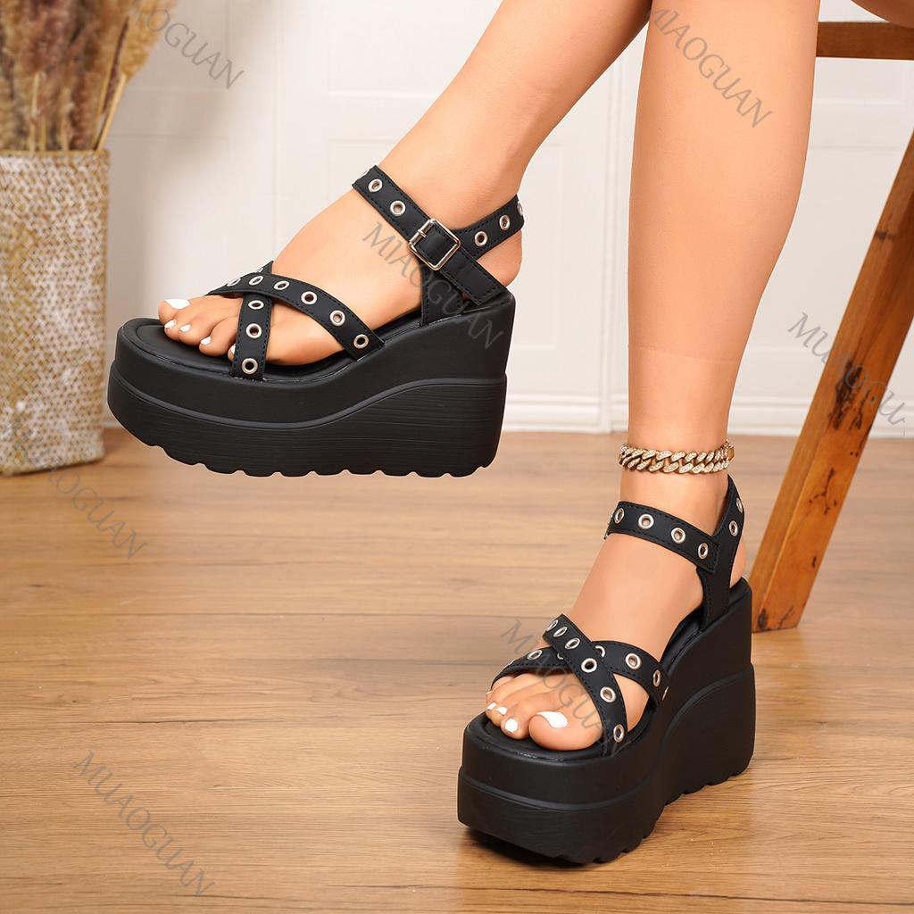 Fashion Women's Platform Sandals Woman 11cm Super High Heel Wedge Elegant Fashion Black Punk Gothic Gladiator Round Toe Sandales Femme
