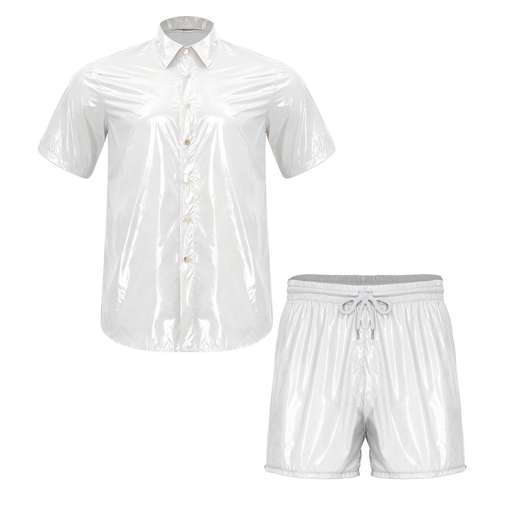 S-3XL Men Waterproof Training Outfit Short Sleeve Front Button Collared T-Shirt and Elastic Waistband Built-in Boxer Briefs for Wrestling Swim Gym