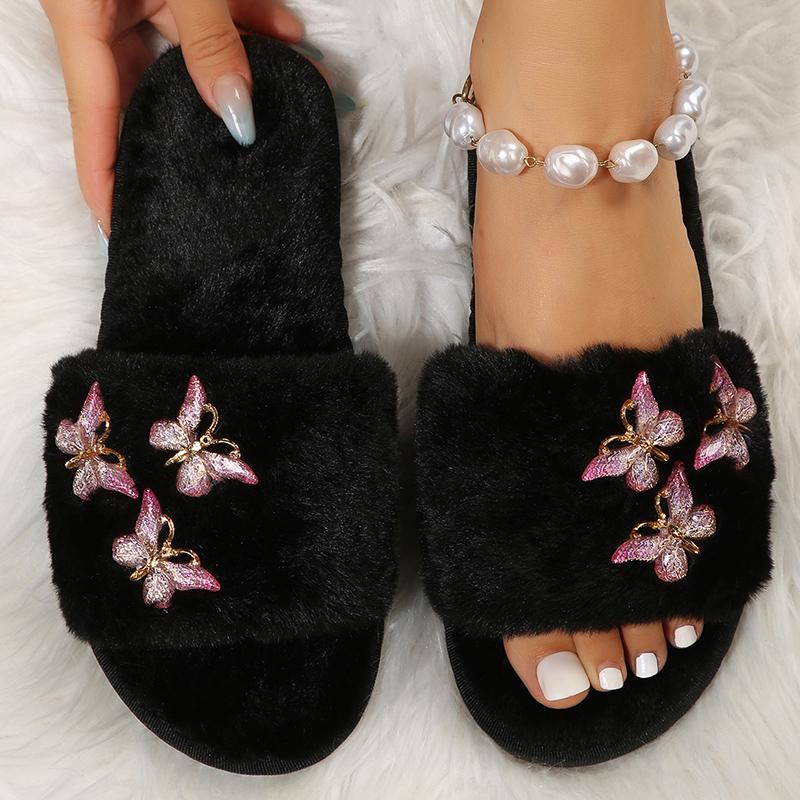 Módní Vintage Motýlí Detor Bavlněné Pantofle Dámské Umělá Kožešina Plochý Podpatek Bavlněné Nazouváky Žena Otevřená Špička Nazouvací Plyšové Pantofle Dámské